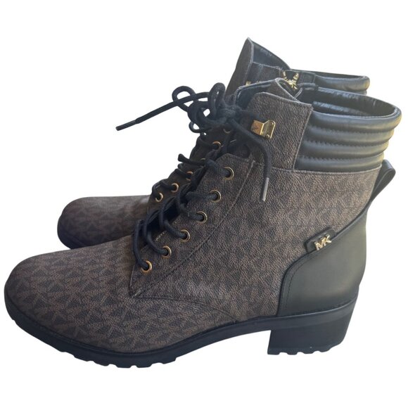 Michael Kors Alistair Combat Moto Boot Womens Size 11 Lace Up Logo Brown Black - Picture 3 of 7
